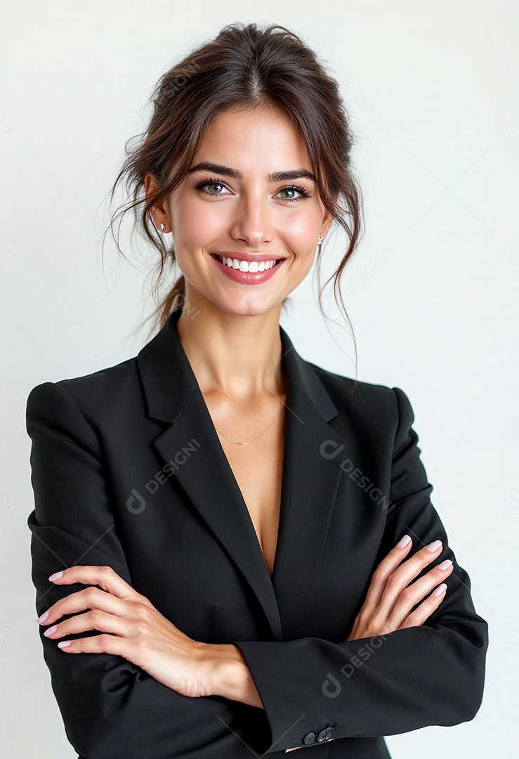 Um retrato de uma empresária feliz com os braços cruzados em fundo branco