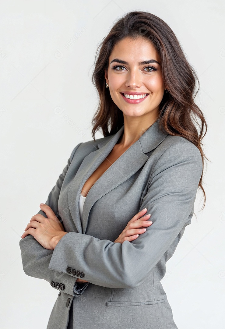Um retrato de uma empresária feliz com os braços cruzados em fundo branco