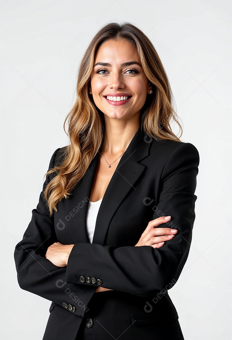 Um retrato de uma empresária feliz com os braços cruzados em fundo branco