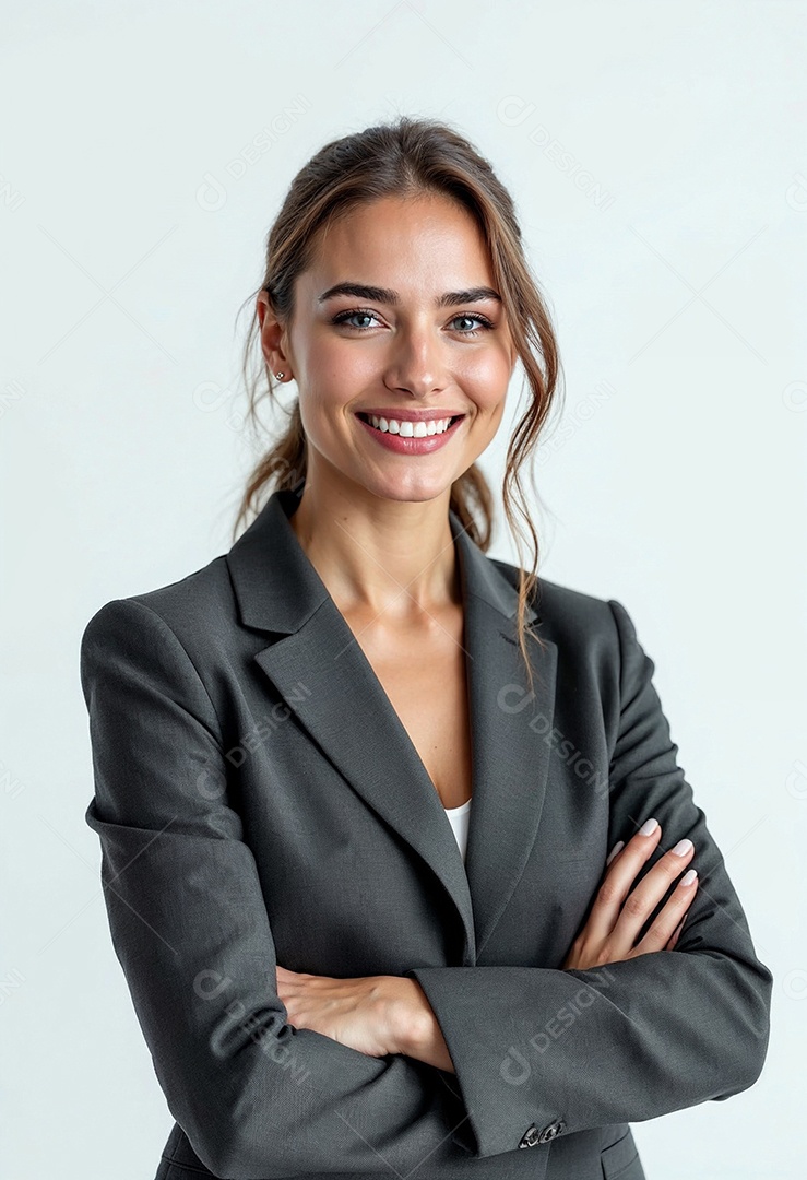 Um retrato de uma empresária feliz com os braços cruzados em fundo branco