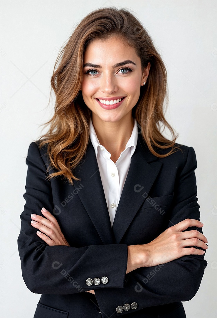 Um retrato de uma empresária feliz com os braços cruzados em fundo branco