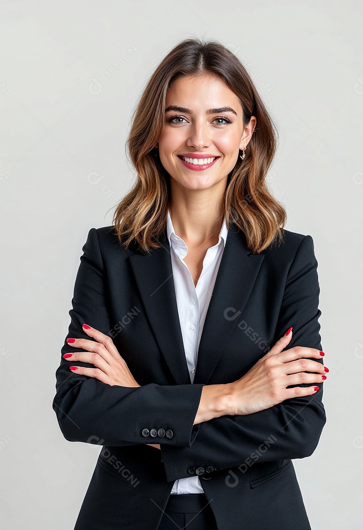 Um retrato de uma empresária feliz com os braços cruzados em fundo branco