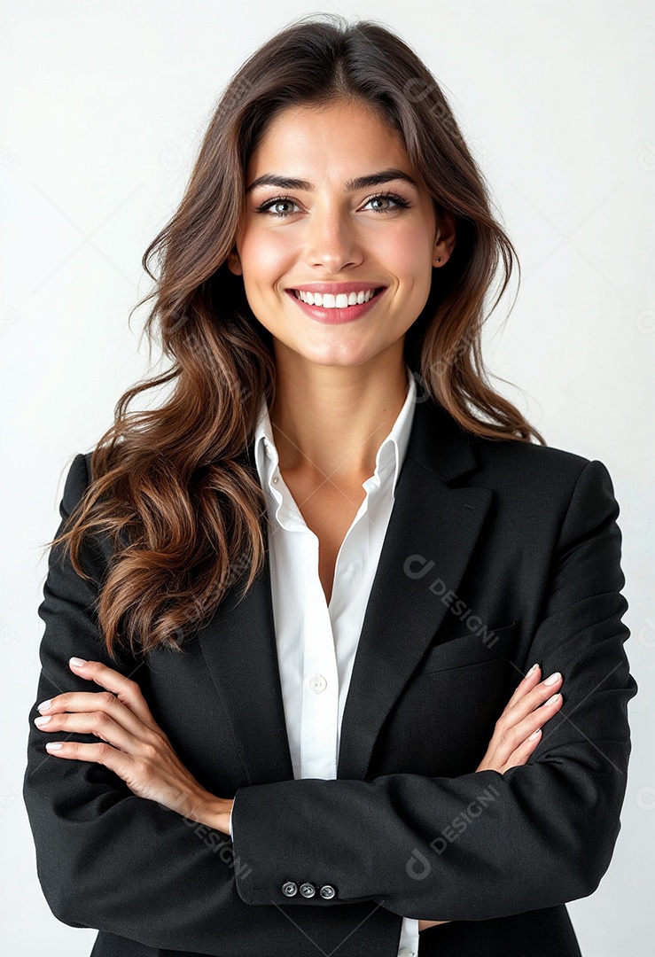 Um retrato de uma empresária feliz com os braços cruzados em fundo branco