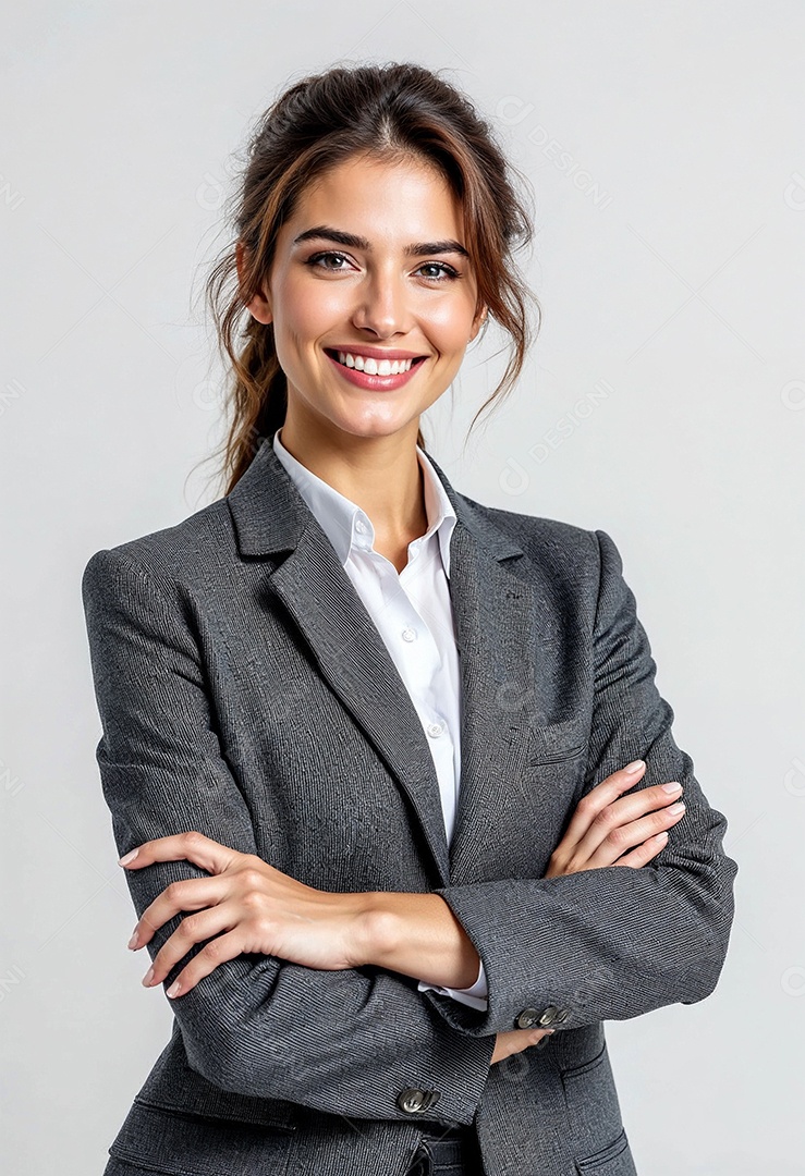 Um retrato de uma empresária feliz com os braços cruzados em fundo branco