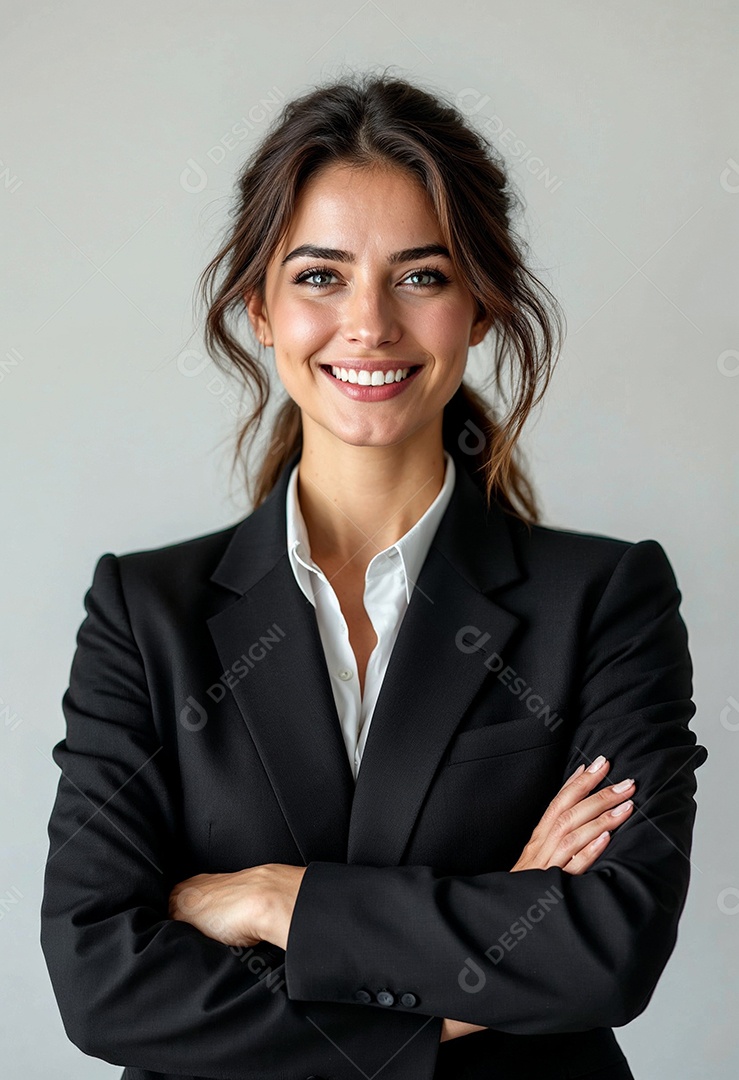 Um retrato de uma empresária feliz com os braços cruzados em fundo branco