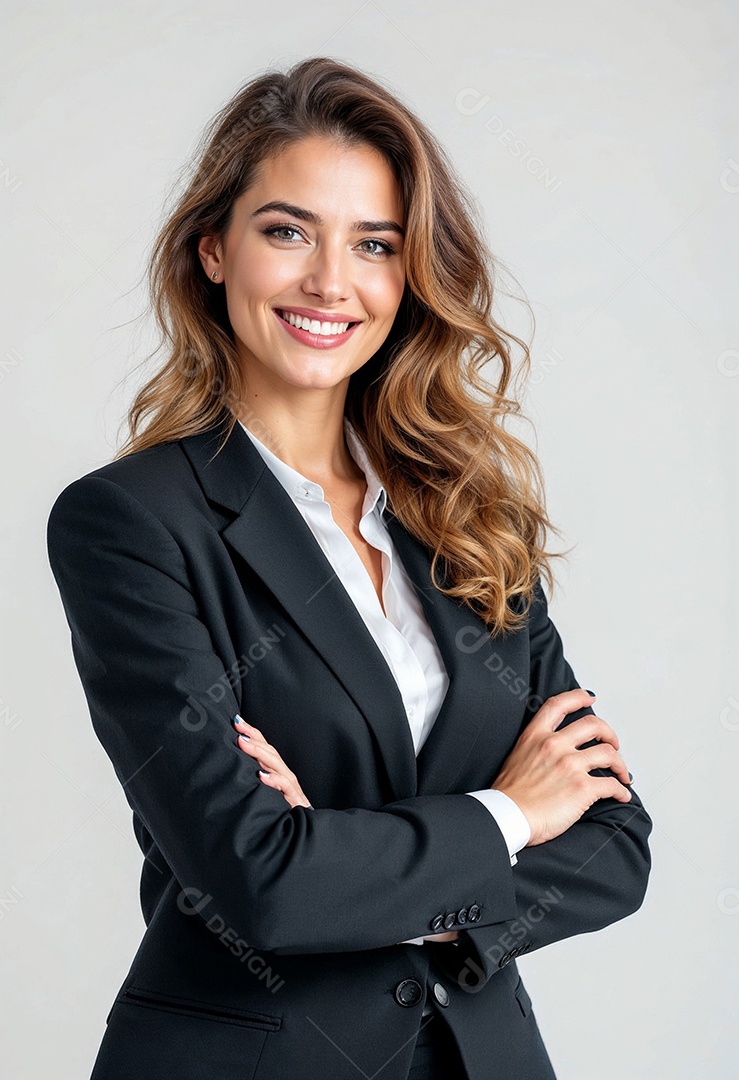 Um retrato de uma empresária feliz com os braços cruzados em fundo branco