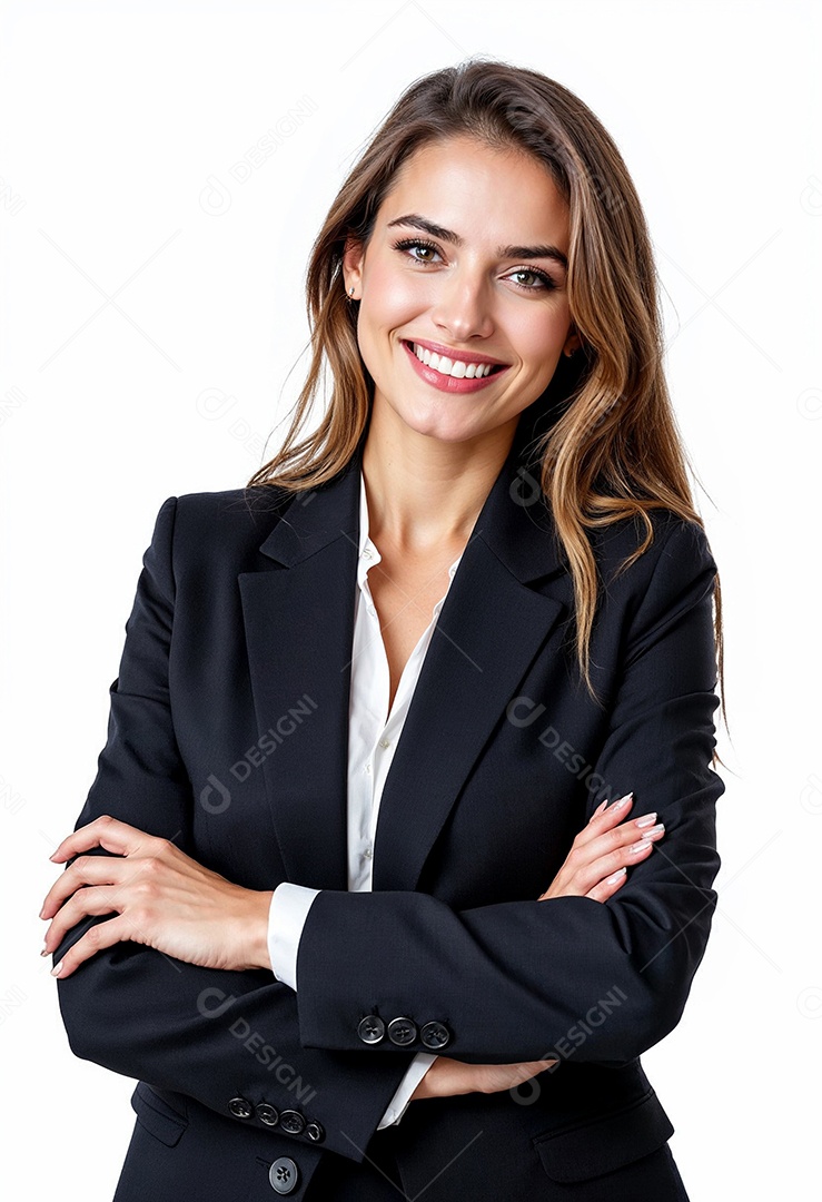 Um retrato de uma empresária feliz com os braços cruzados em fundo branco