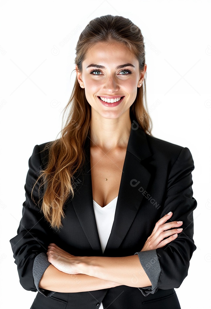 Um retrato de uma empresária feliz com os braços cruzados em fundo branco