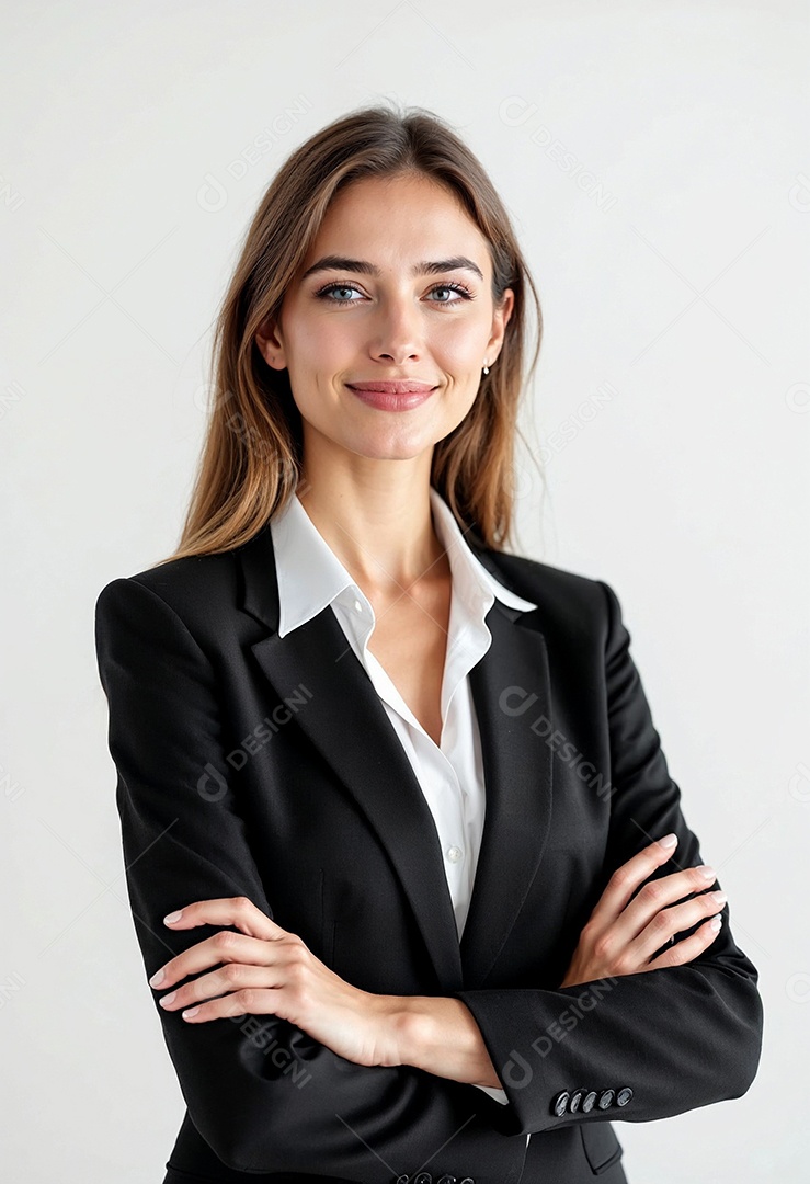 Um retrato de uma empresária feliz com os braços cruzados em fundo branco