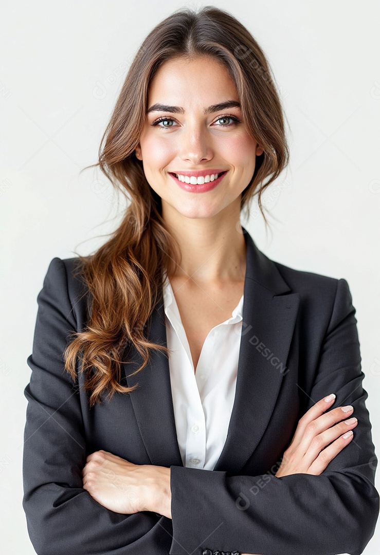 Um retrato de uma empresária feliz com os braços cruzados em fundo branco