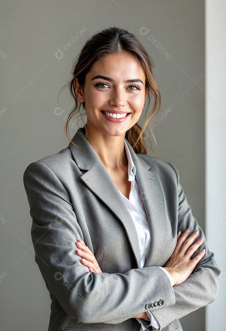 Um retrato de uma empresária feliz com os braços cruzados em fundo branco