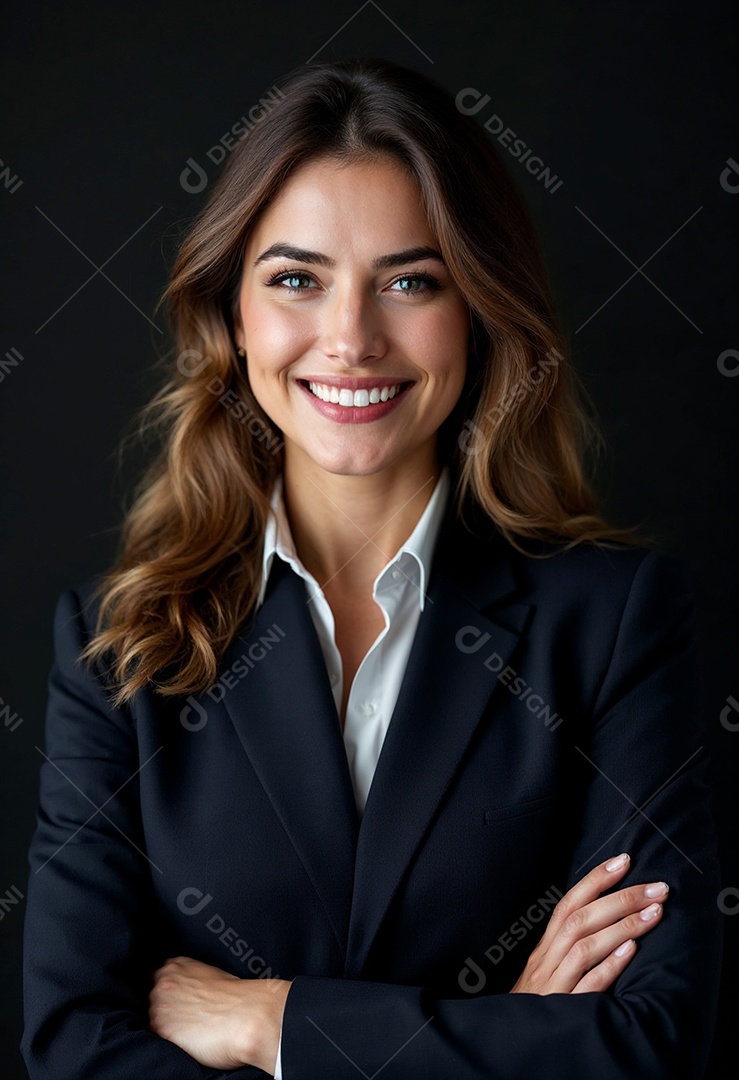 Um retrato de uma empresária feliz com os braços cruzados em fundo branco