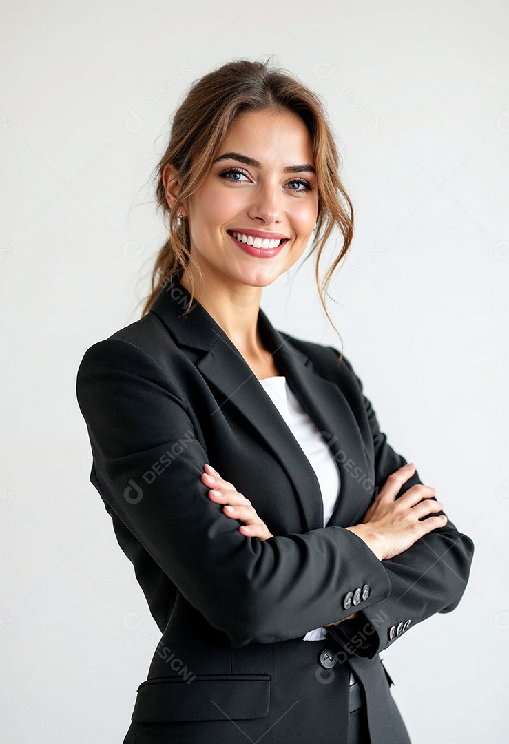 Um retrato de uma empresária feliz com os braços cruzados em fundo branco