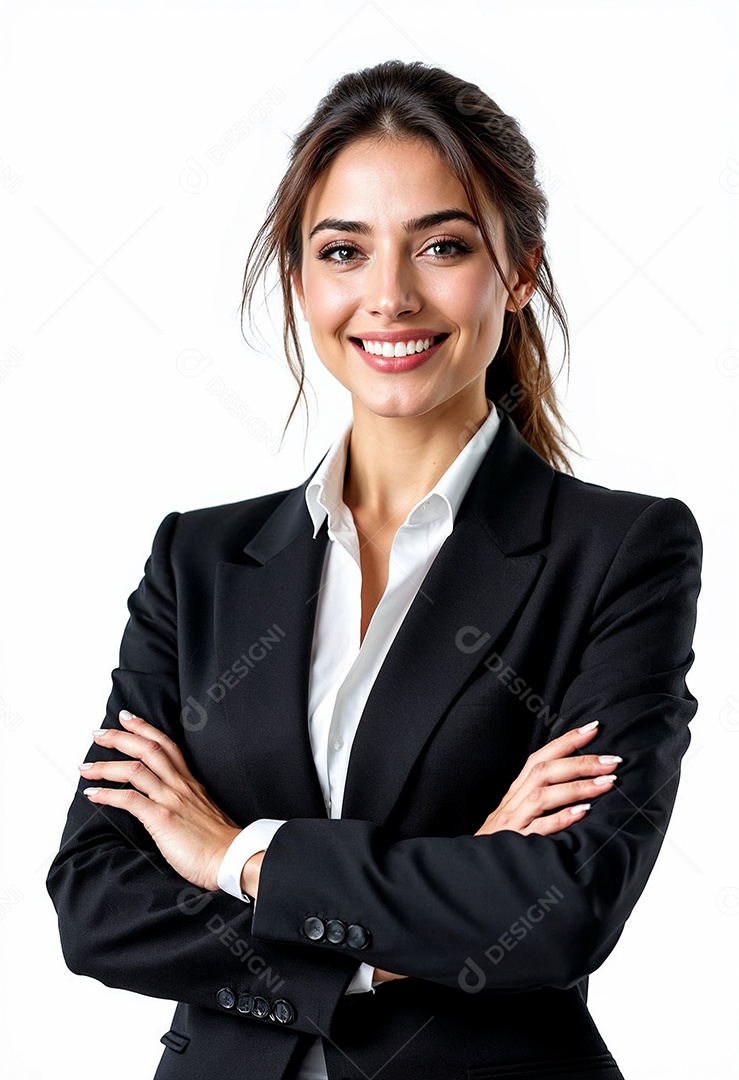 Um retrato de uma empresária feliz com os braços cruzados em fundo branco