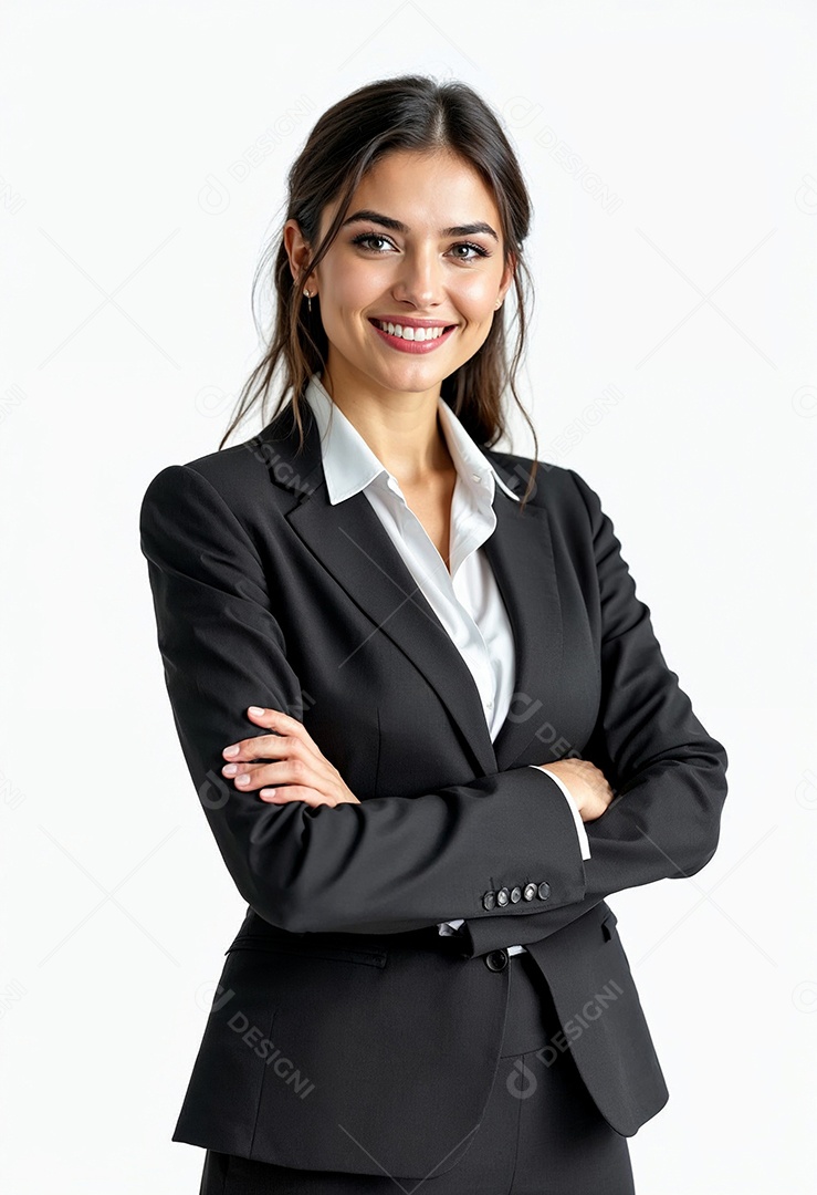 Um retrato de uma empresária feliz com os braços cruzados em fundo branco