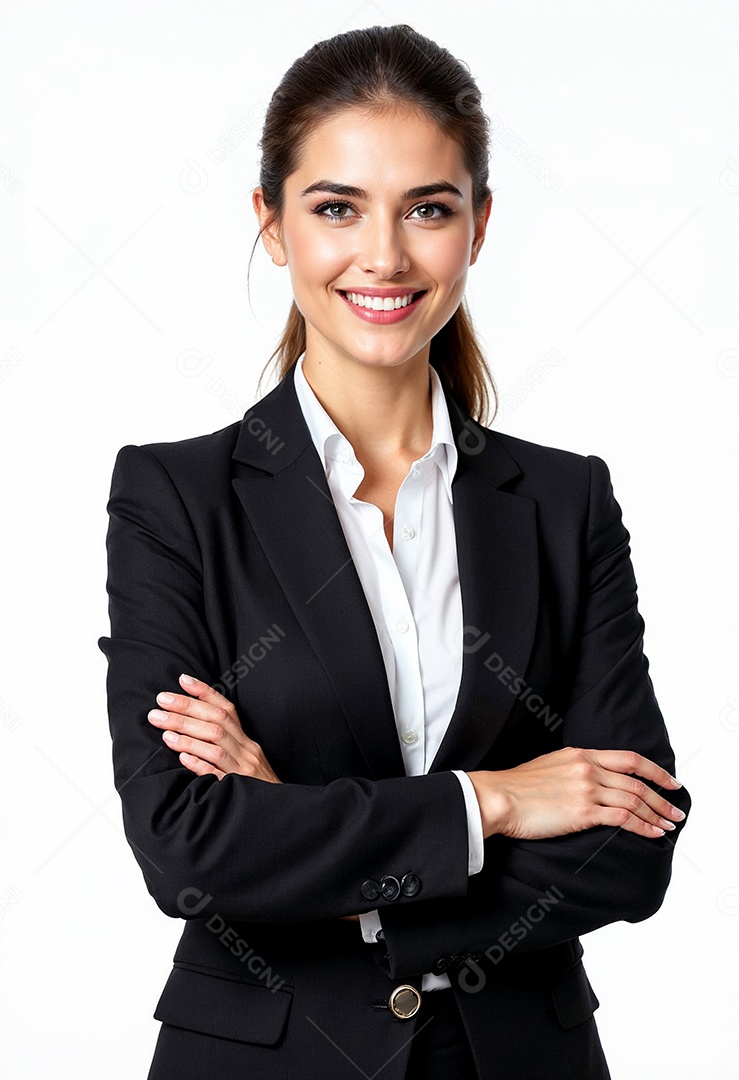 Um retrato de uma empresária feliz com os braços cruzados em fundo branco