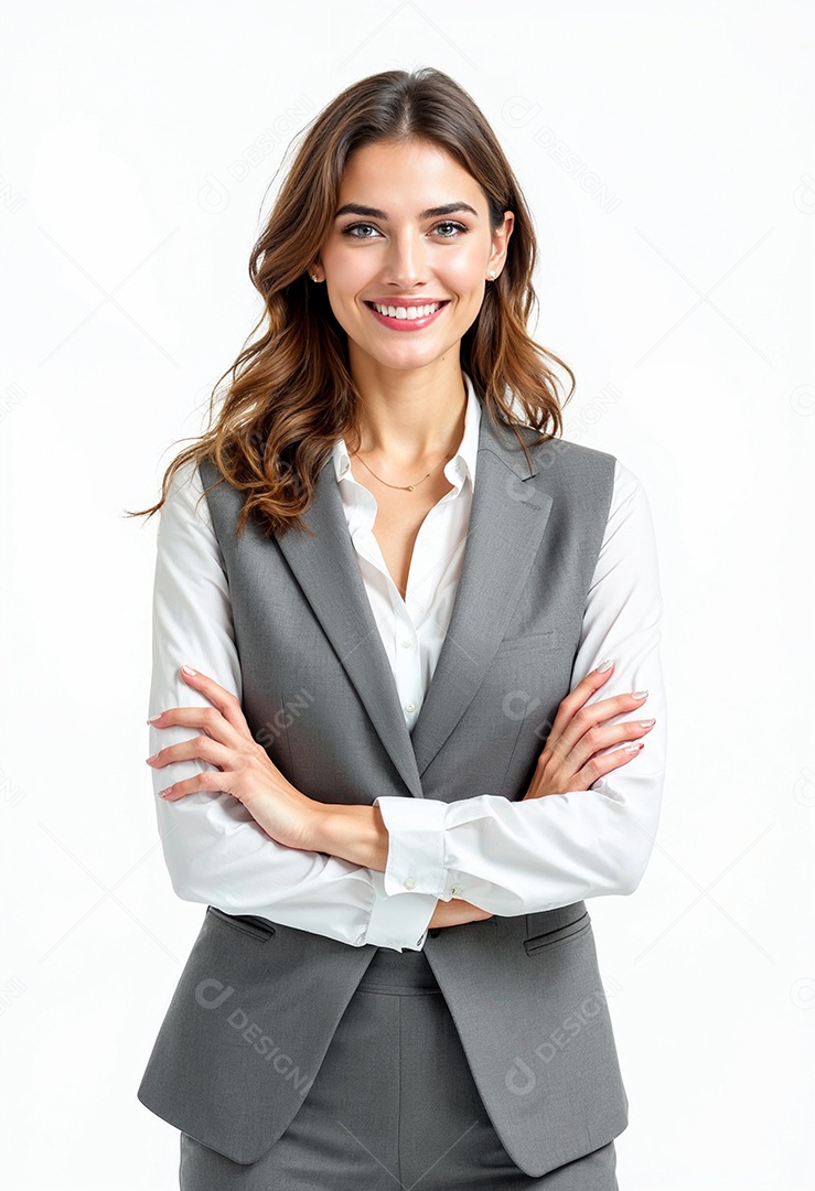 Um retrato de uma empresária feliz com os braços cruzados em fundo branco
