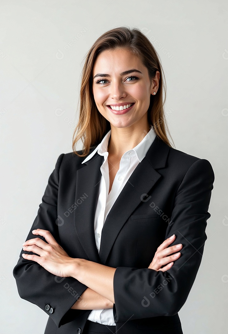 Um retrato de uma empresária feliz com os braços cruzados em fundo branco
