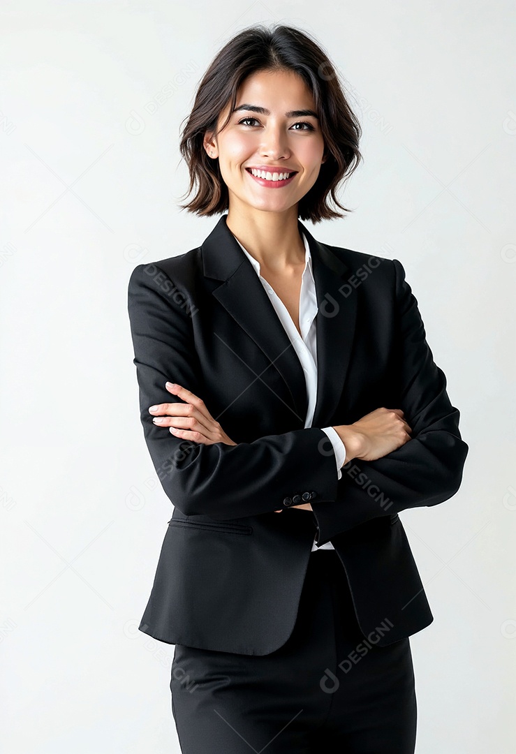 Um retrato de uma empresária feliz com os braços cruzados em fundo branco