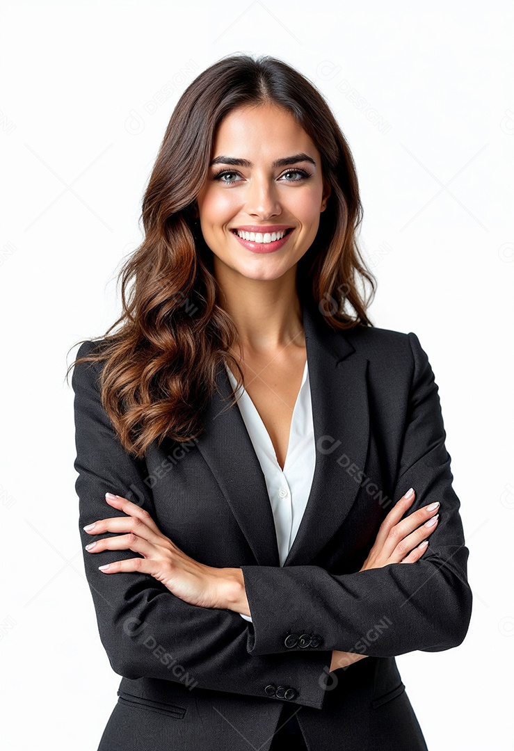 Um retrato de uma empresária feliz com os braços cruzados em fundo branco