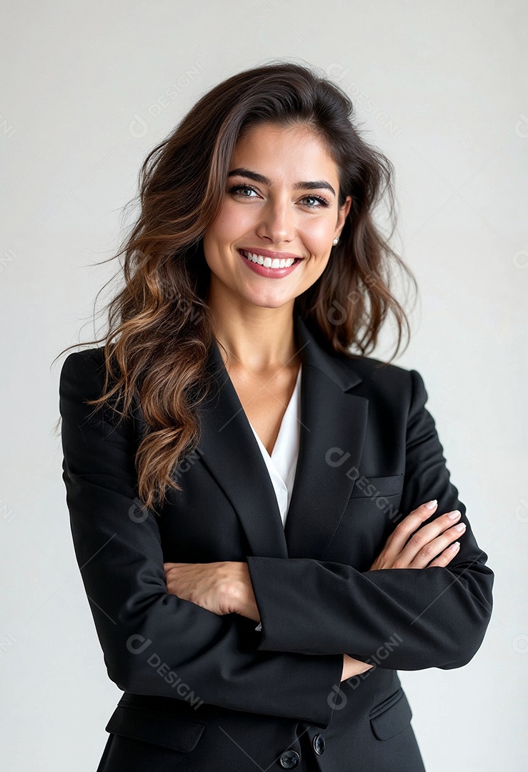 Um retrato de uma empresária feliz com os braços cruzados em fundo branco