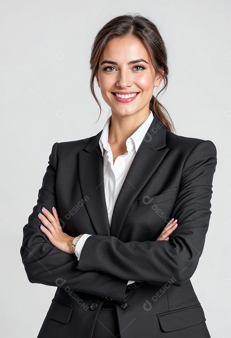 Um retrato de uma empresária feliz com os braços cruzados em fundo branco