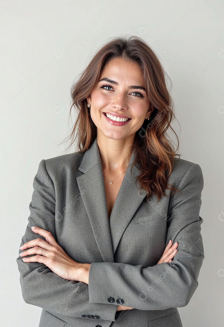 Um retrato de uma empresária feliz com os braços cruzados em fundo branco