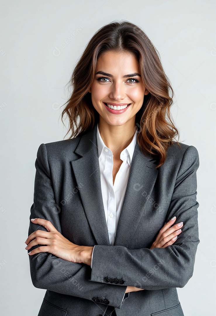 Um retrato de uma empresária feliz com os braços cruzados em fundo branco