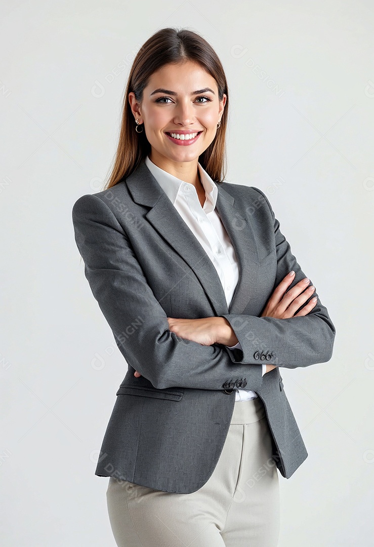 Um retrato de uma empresária feliz com os braços cruzados em fundo branco