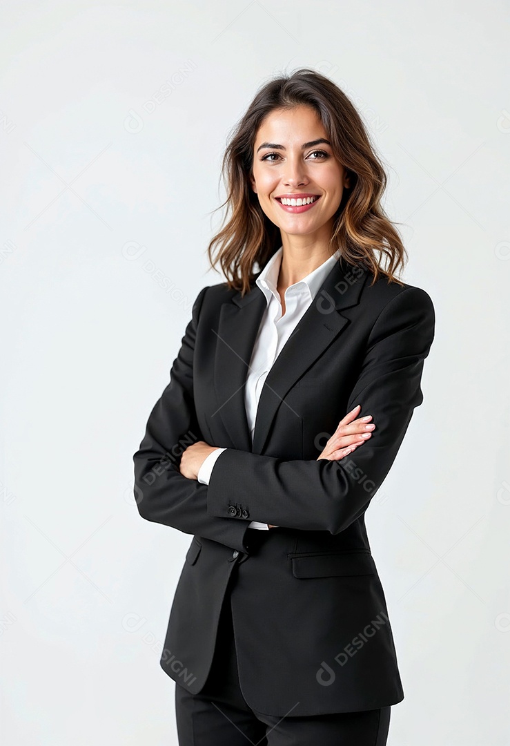 Um retrato de uma empresária feliz com os braços cruzados em fundo branco