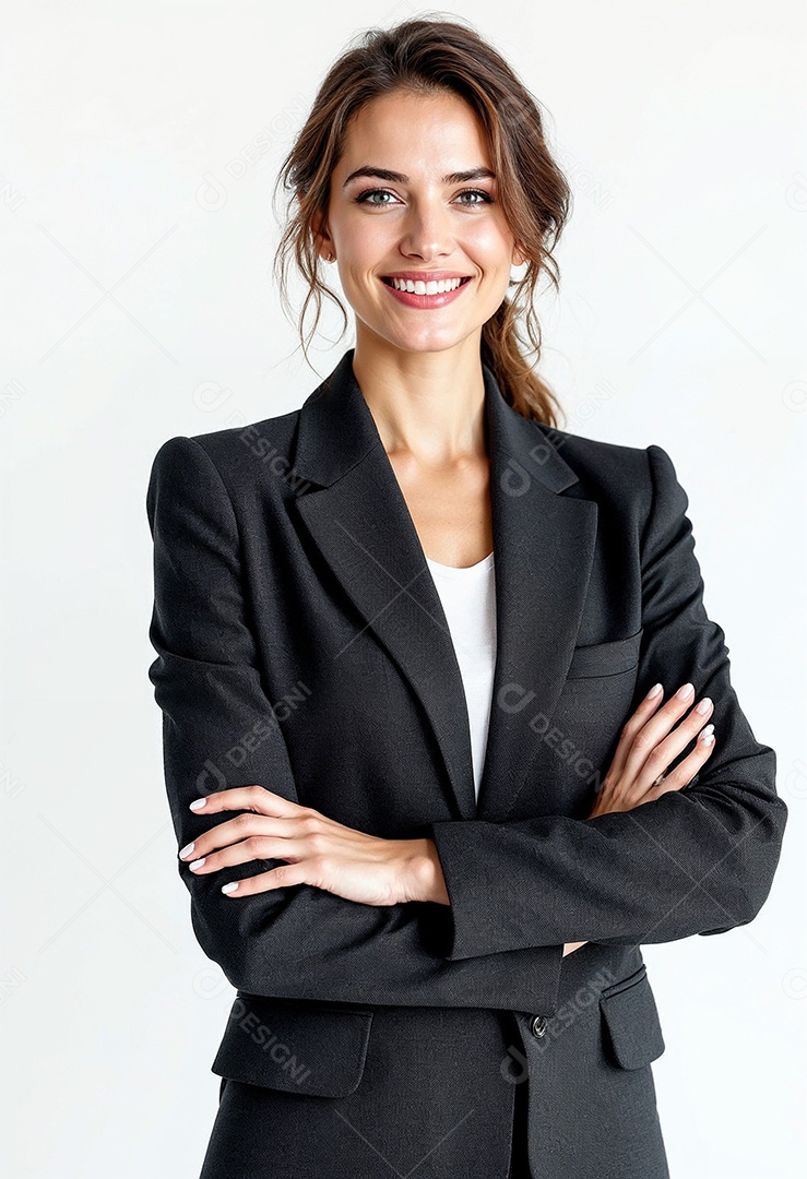 Um retrato de uma empresária feliz com os braços cruzados em fundo branco