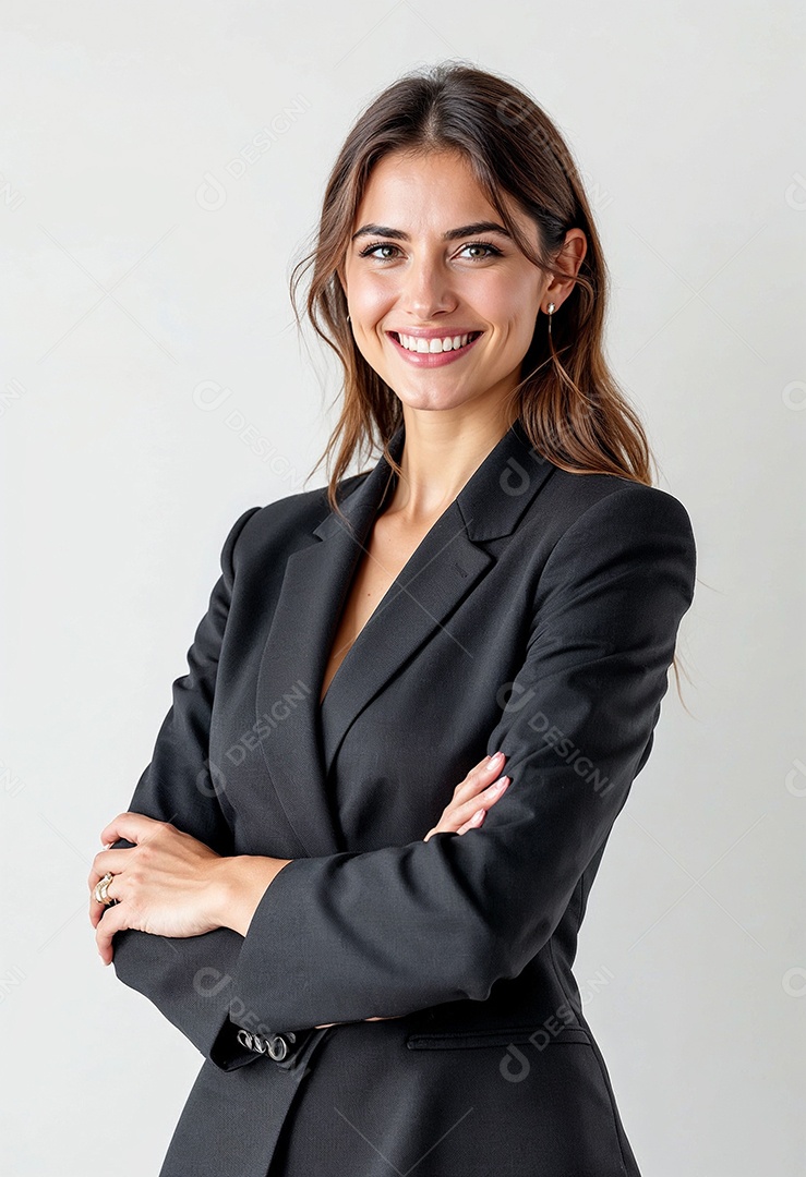 Um retrato de uma empresária feliz com os braços cruzados em fundo branco