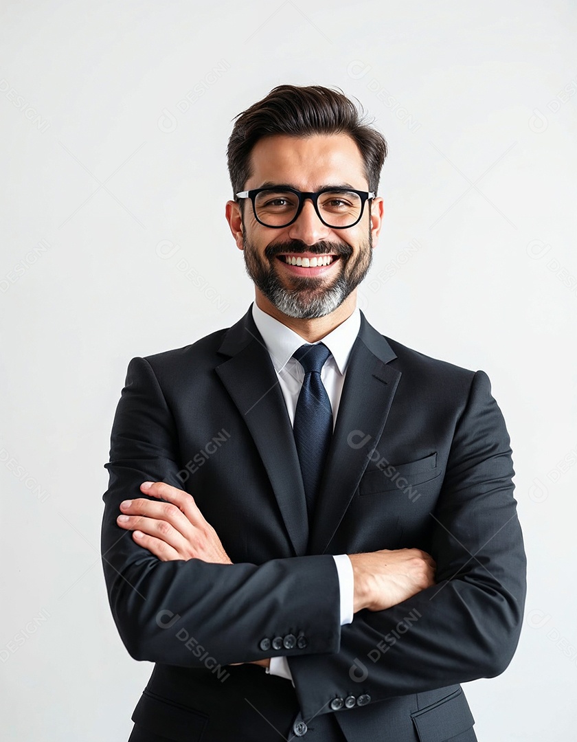 Um retrato de um empresário feliz com os braços cruzados em fundo branco