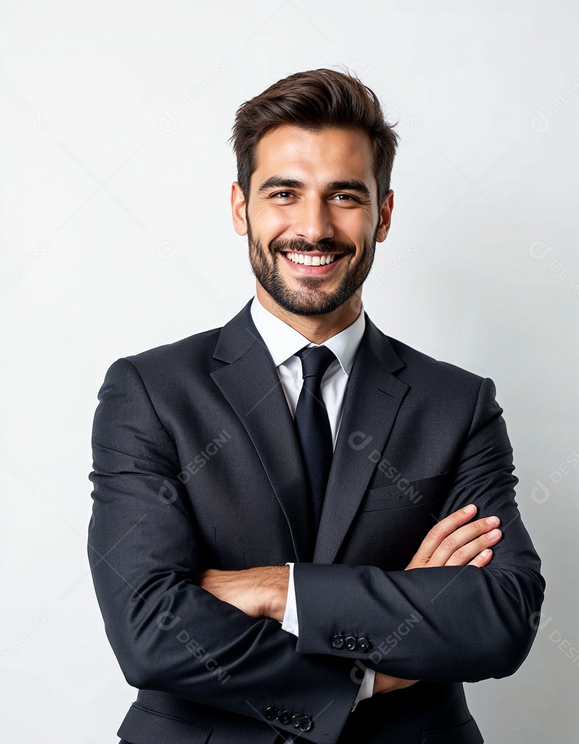 Um retrato de um empresário feliz com os braços cruzados em fundo branco