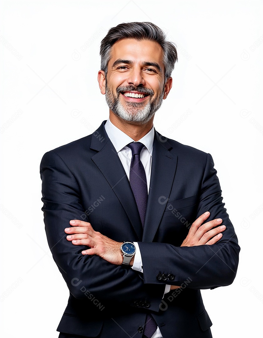 Um retrato de um empresário feliz com os braços cruzados em fundo branco