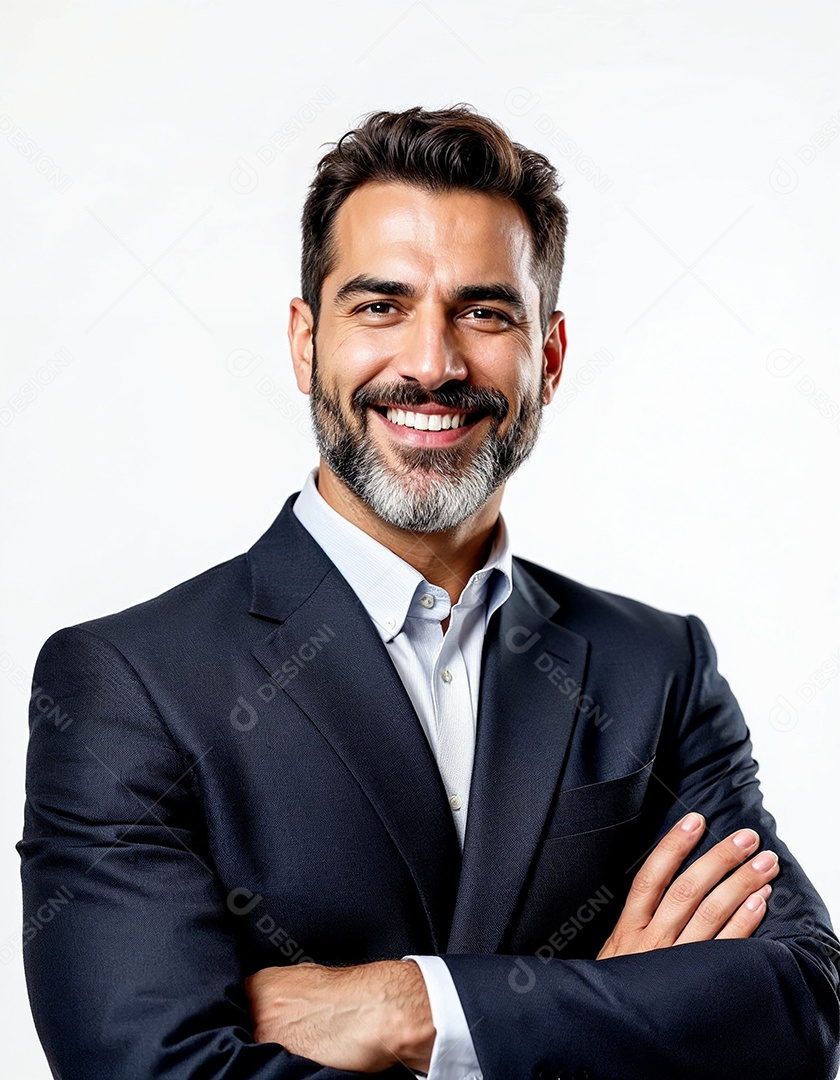 Um retrato de um empresário feliz com os braços cruzados em fundo branco