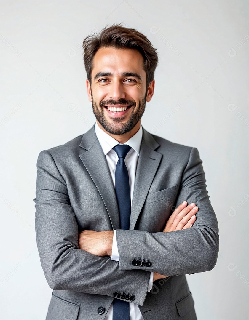 Um retrato de um empresário feliz com os braços cruzados em fundo branco