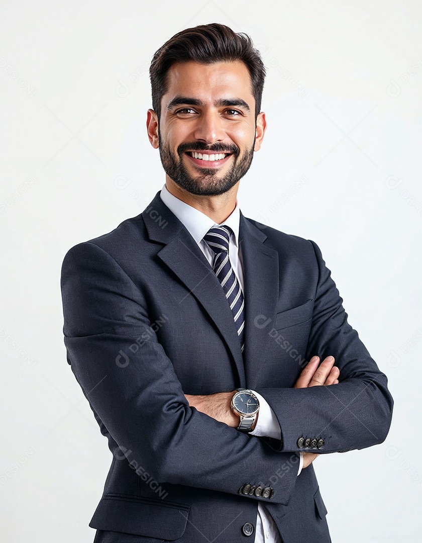 Um retrato de um empresário feliz com os braços cruzados em fundo branco