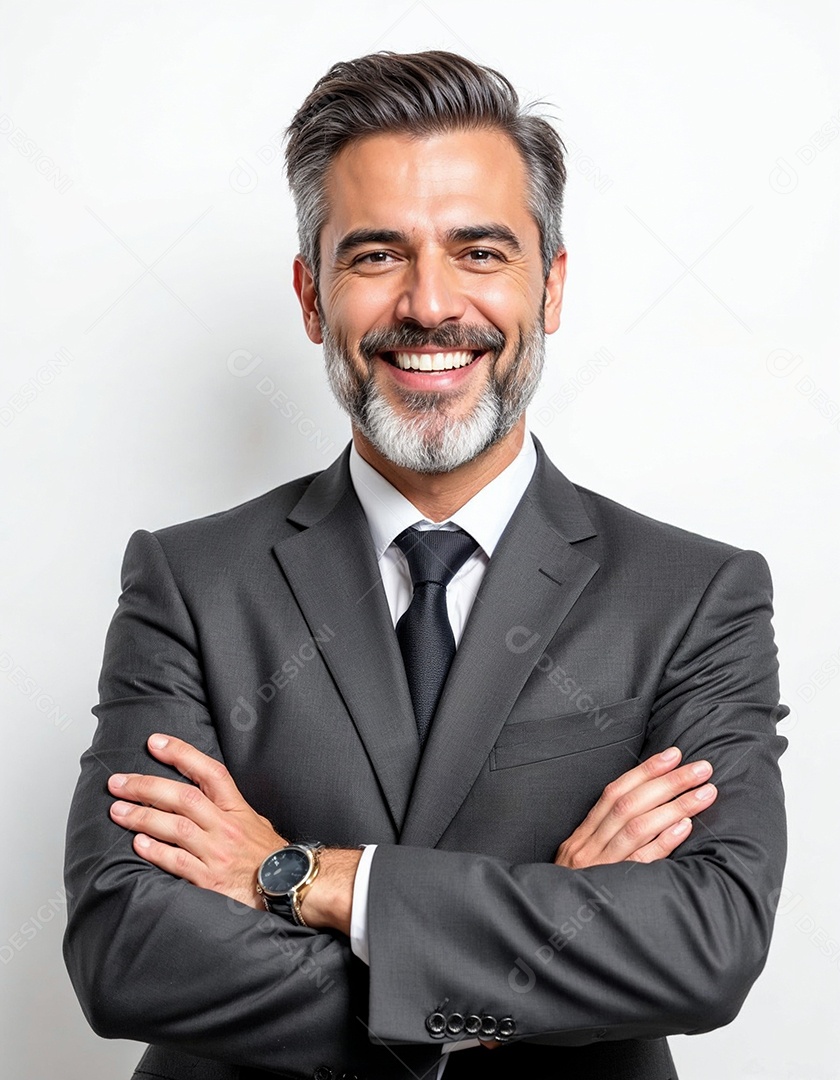Um retrato de um empresário feliz com os braços cruzados em fundo branco