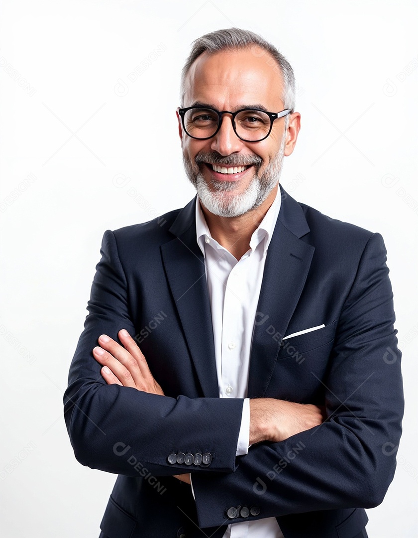 Um retrato de um empresário feliz com os braços cruzados em fundo branco