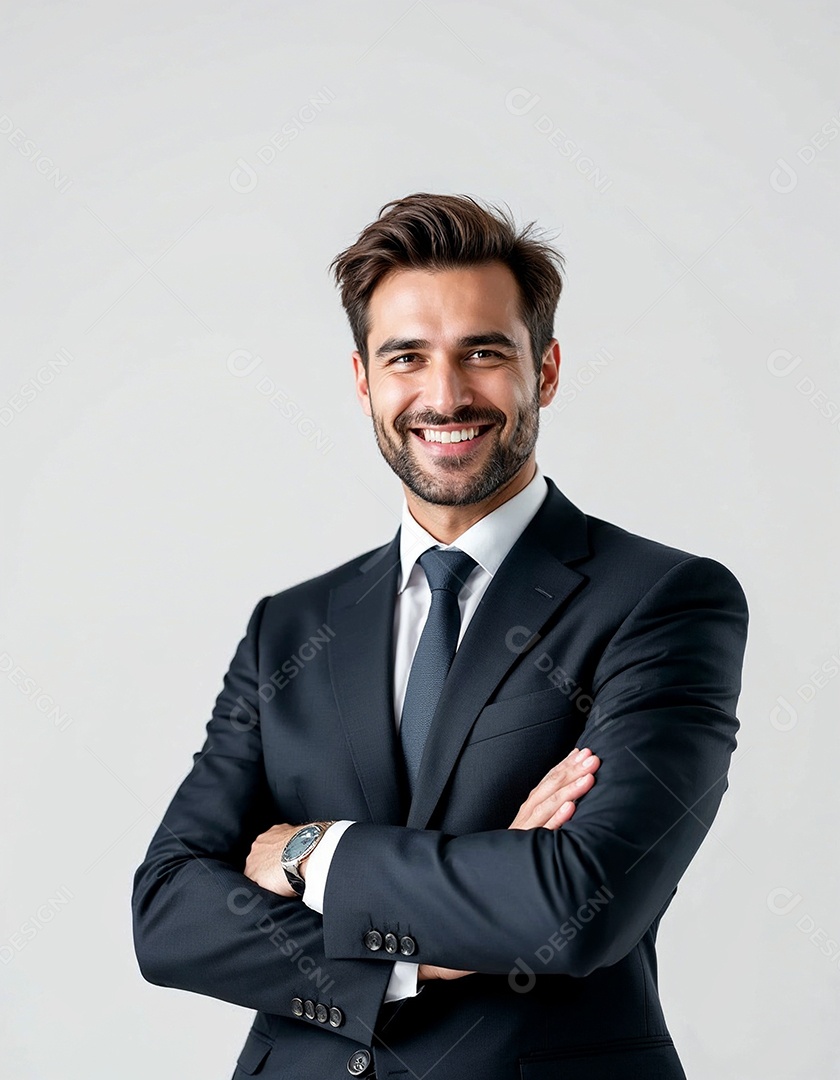 Um retrato de um empresário feliz com os braços cruzados em fundo branco