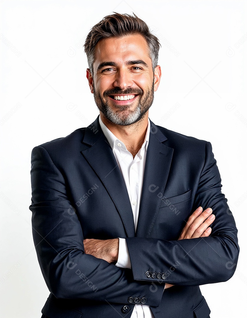 Um retrato de um empresário feliz com os braços cruzados em fundo branco