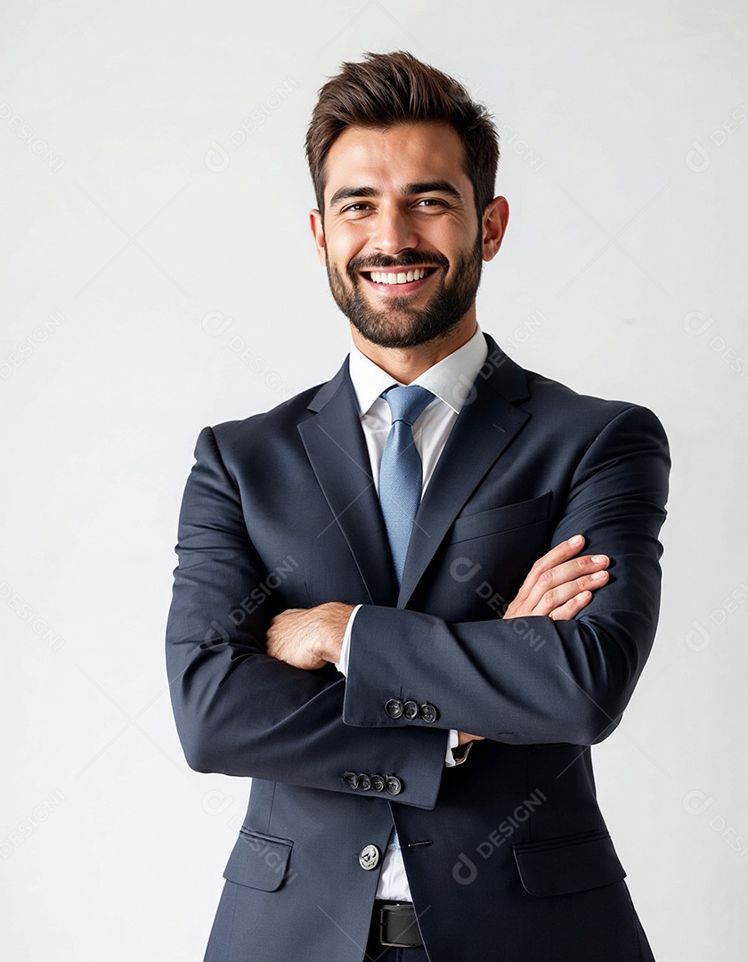 Um retrato de um empresário feliz com os braços cruzados em fundo branco