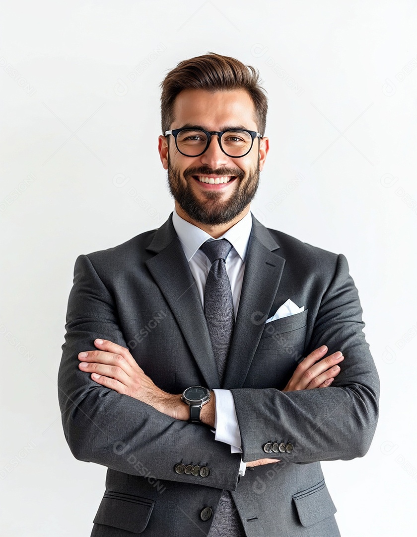 Um retrato de um empresário feliz com os braços cruzados em fundo branco