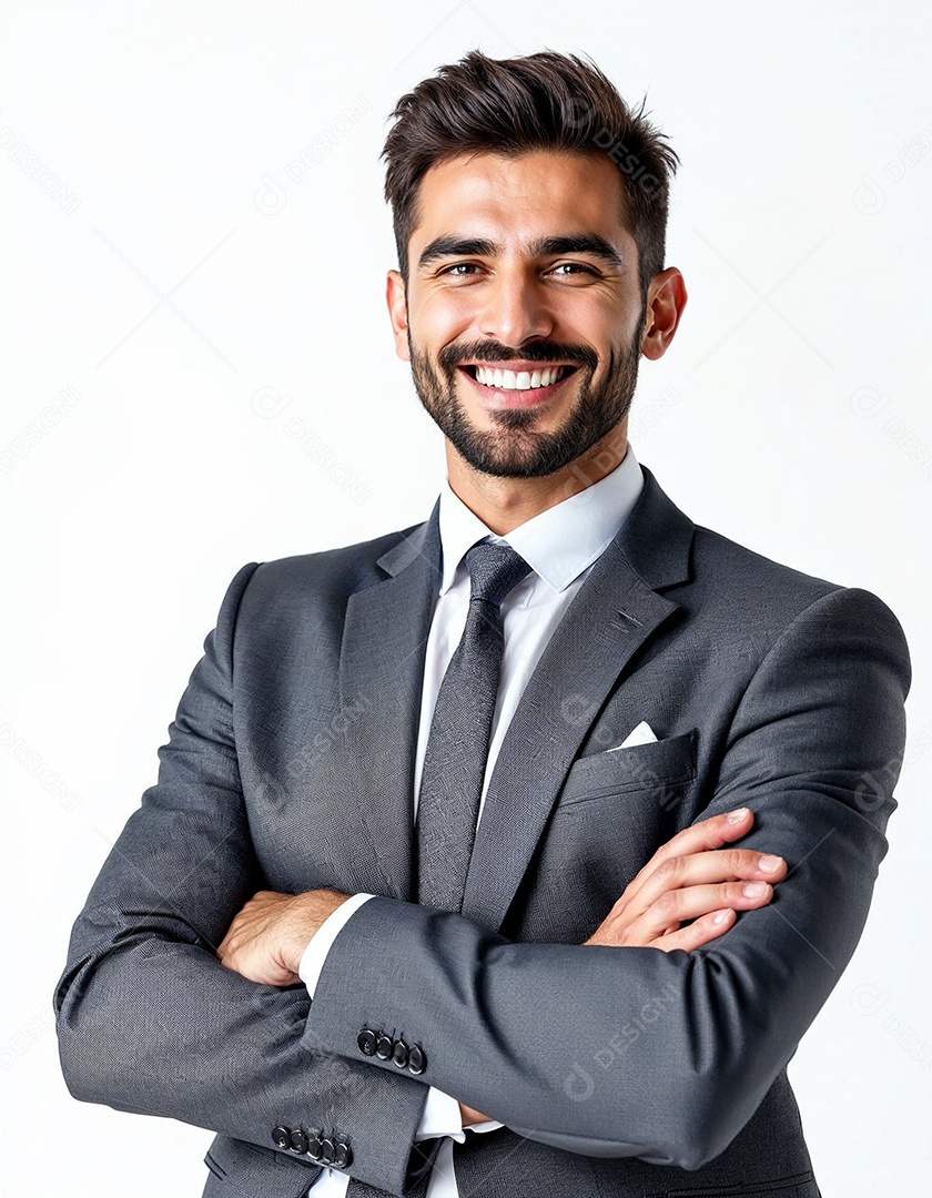 Um retrato de um empresário feliz com os braços cruzados em fundo branco