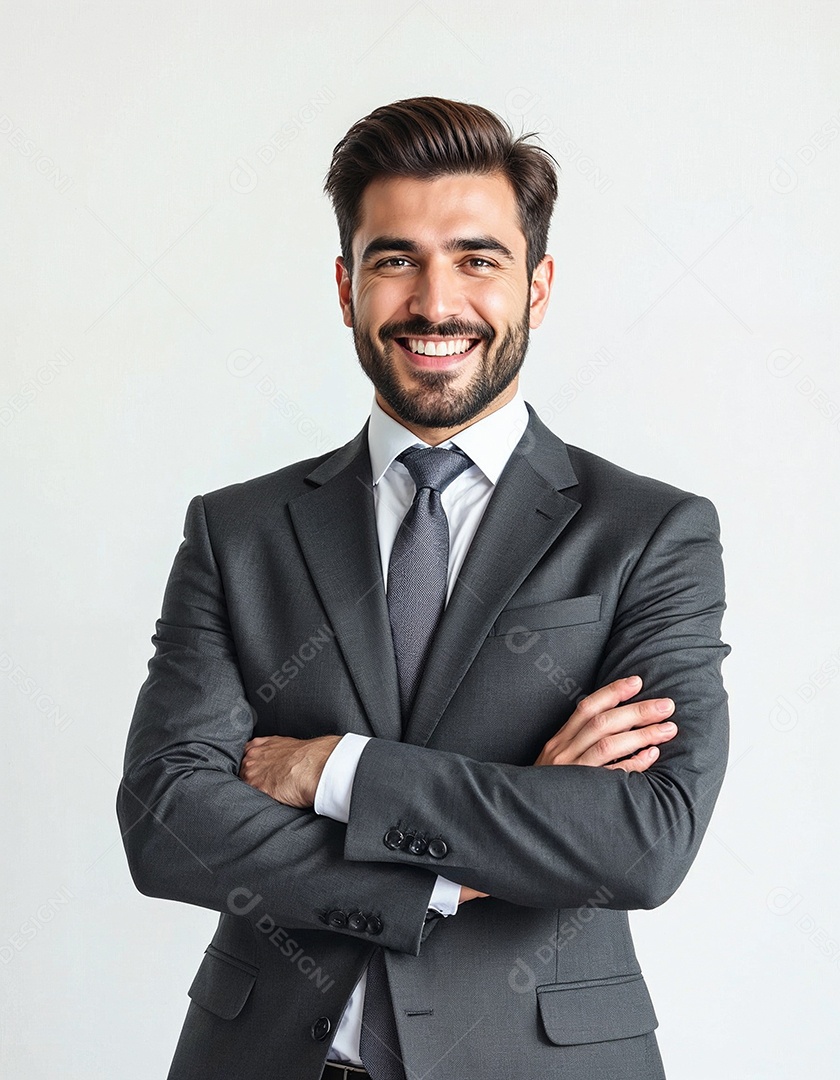 Um retrato de um empresário feliz com os braços cruzados em fundo branco