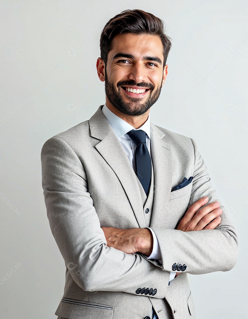 Um retrato de um empresário feliz com os braços cruzados em fundo branco