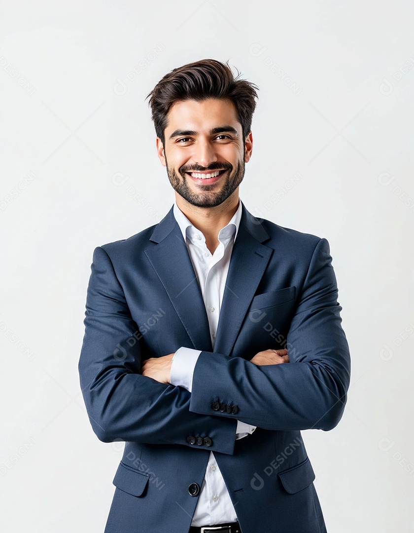 Um retrato de um empresário feliz com os braços cruzados em fundo branco