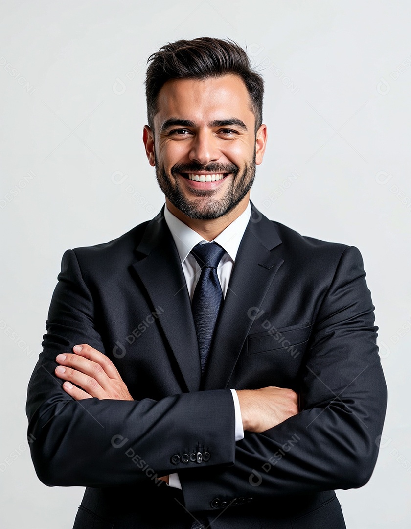 Um retrato de um empresário feliz com os braços cruzados em fundo branco