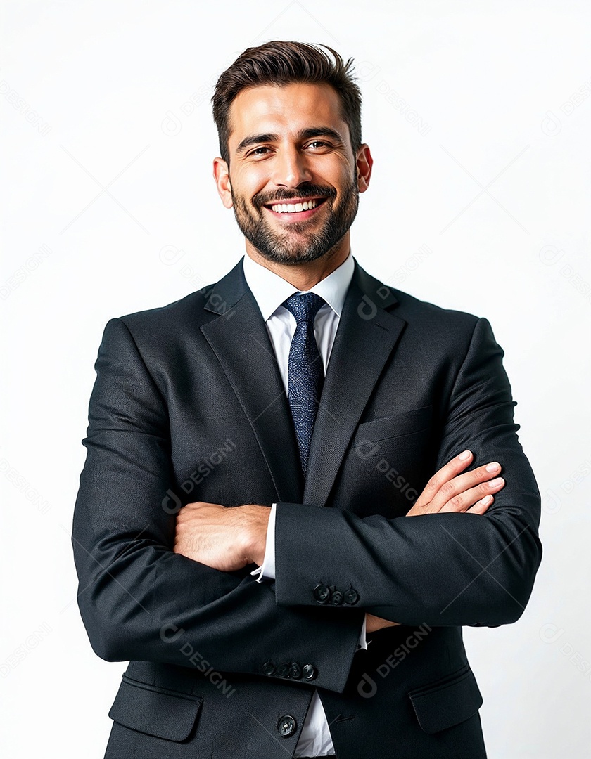 Um retrato de um empresário feliz com os braços cruzados em fundo branco